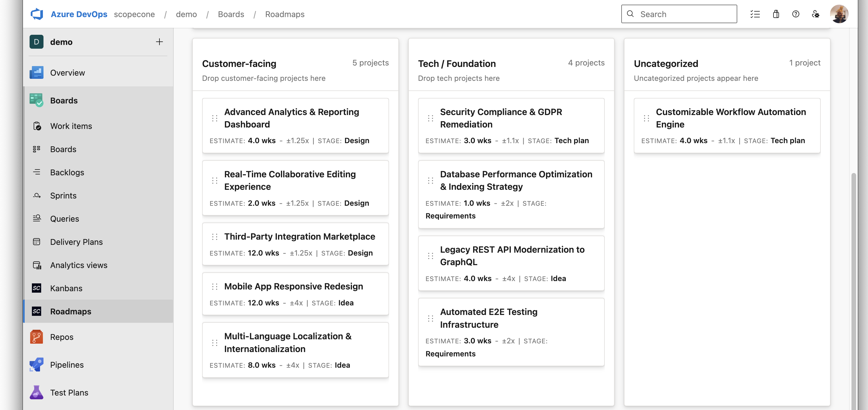 Roadmap with Project Categorization